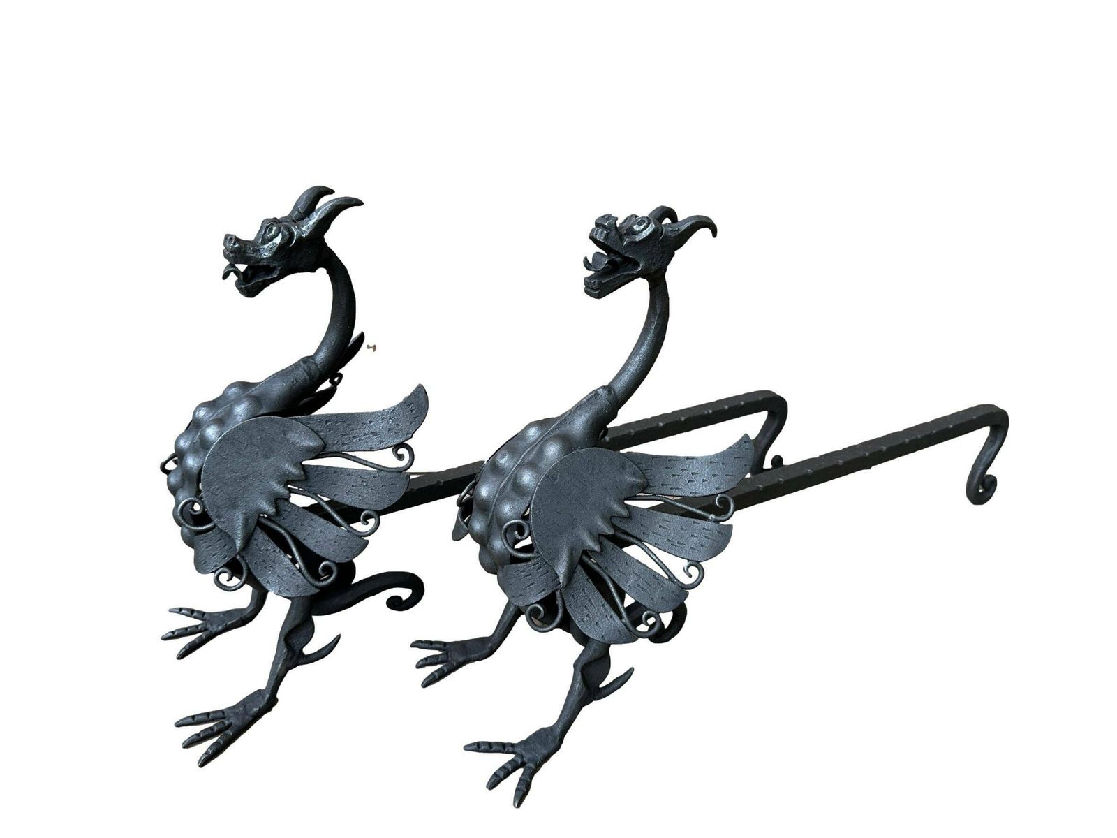 Antique Pair Of Wrought Iron Andirons Dragon Chimera photo for sale