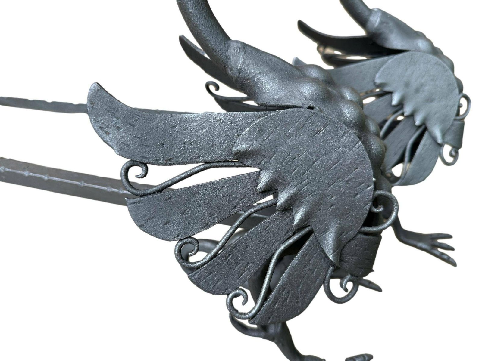 Antique Pair Of Wrought Iron Andirons Dragon Chimera photo vinterior