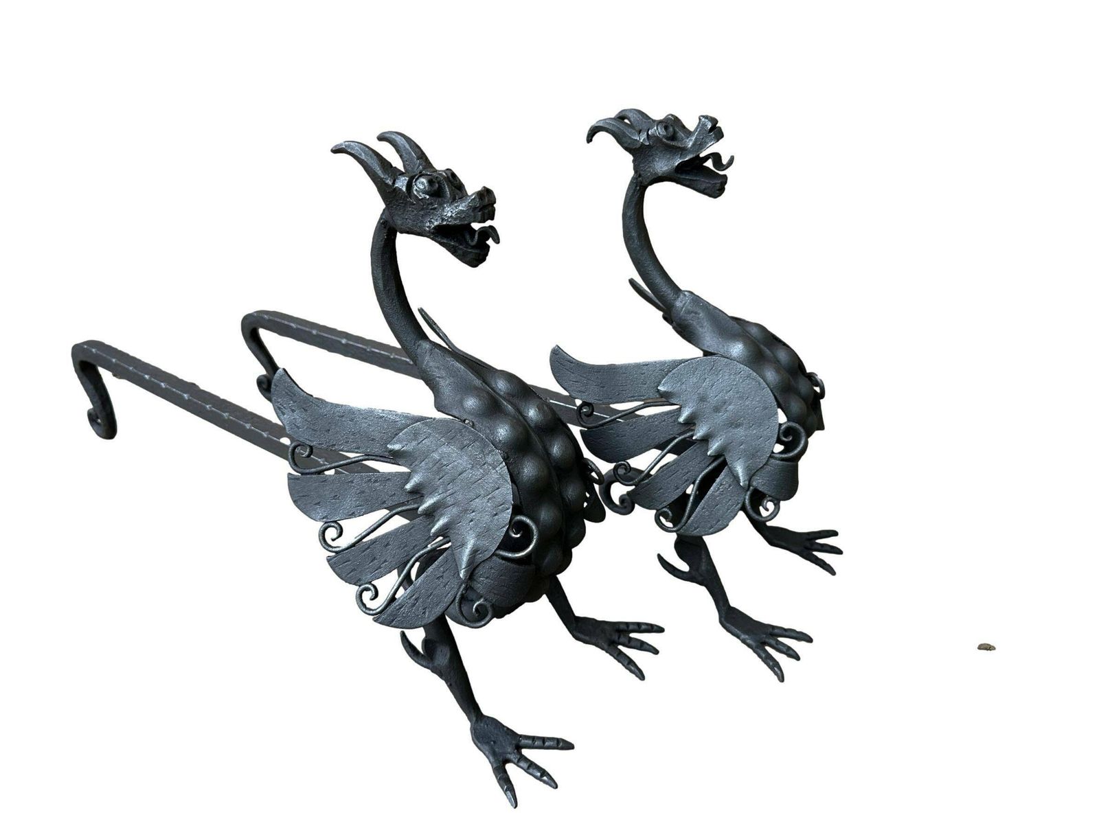 Antique Pair Of Wrought Iron Andirons Dragon Chimera photo vintage