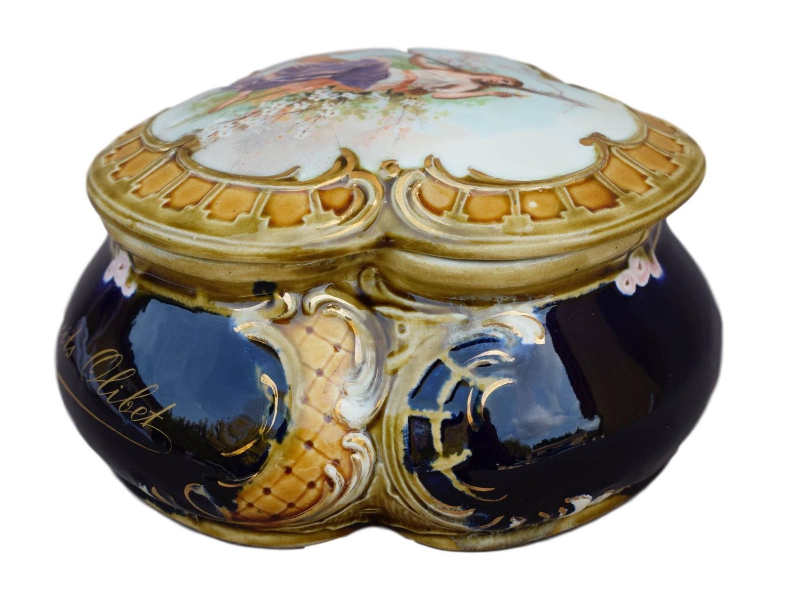 French Antique Art Nouveau Majolica Olibet Biscuits Lidded Box photo 266.0