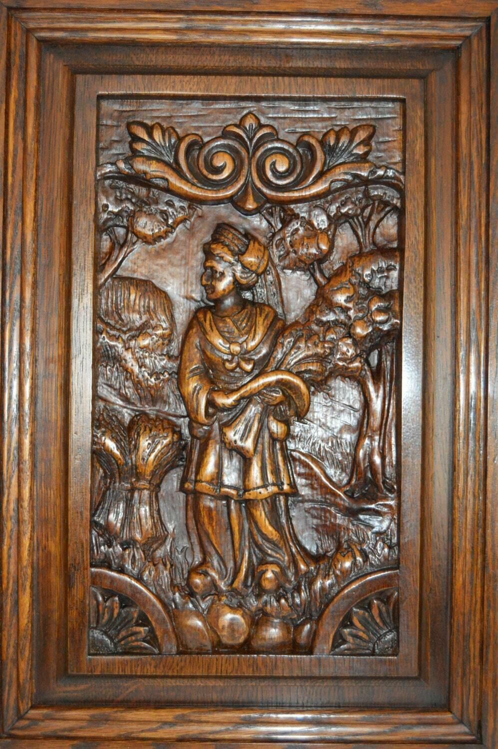 French Carved Wood Door Panel Picture Breton Figures Brittany Wheat Ears 2 photo Home Fixtures