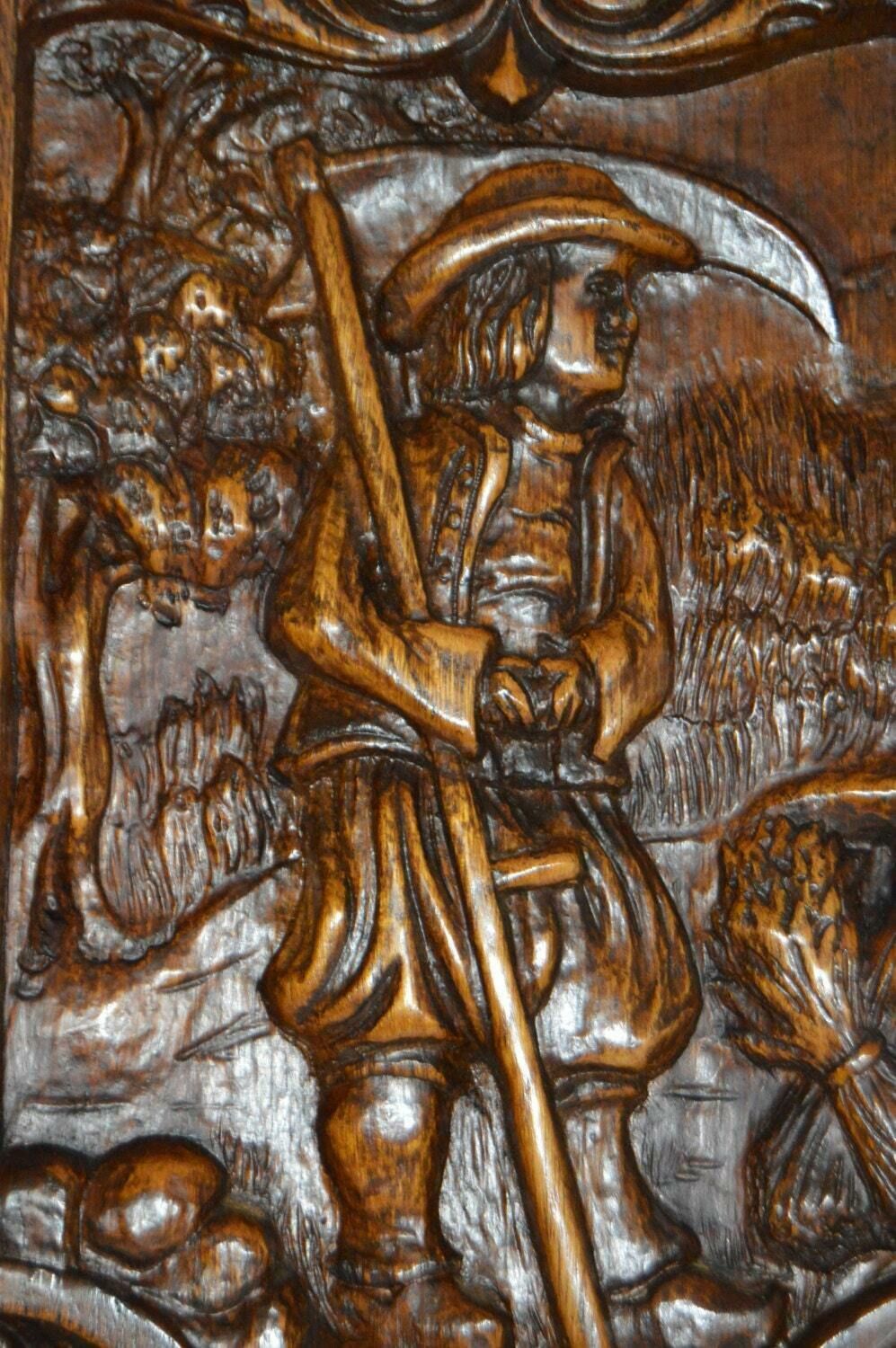 French Carved Wood Door Panel Picture Breton Figures Brittany Wheat Reaper photo 187.0
