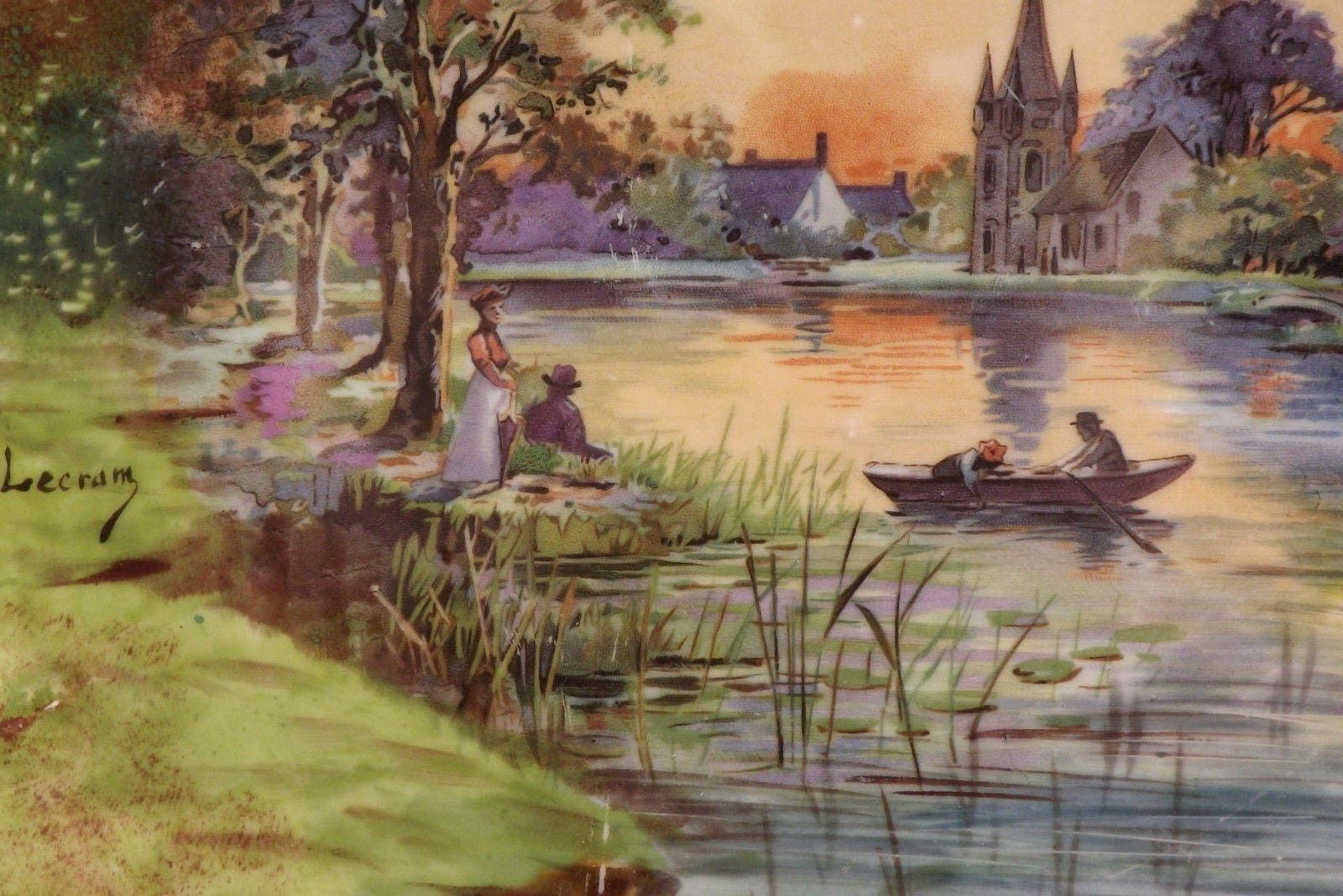 French Antique Large Limoges Porcelain Plate By J Pouyat 1890 1932 Signed Lecram Decorator   Impressionist Sunset Painting   Hand Painted photo furniture