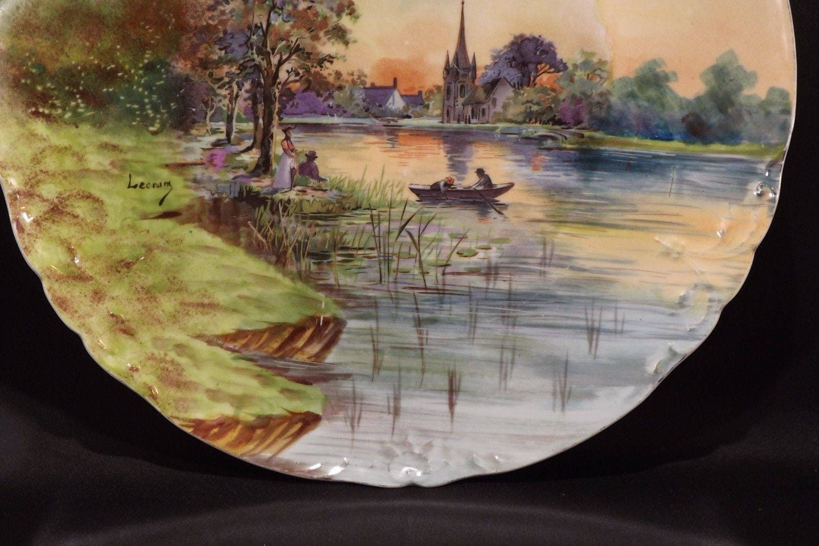 French Antique Large Limoges Porcelain Plate By J Pouyat 1890 1932 Signed Lecram Decorator   Impressionist Sunset Painting   Hand Painted photo buy