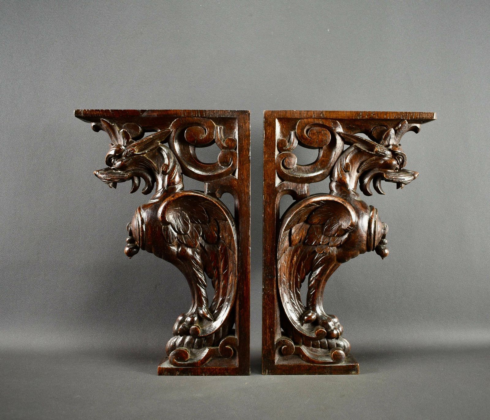 19th French Pair Of Carved Wooden Console Chimera photo furniture