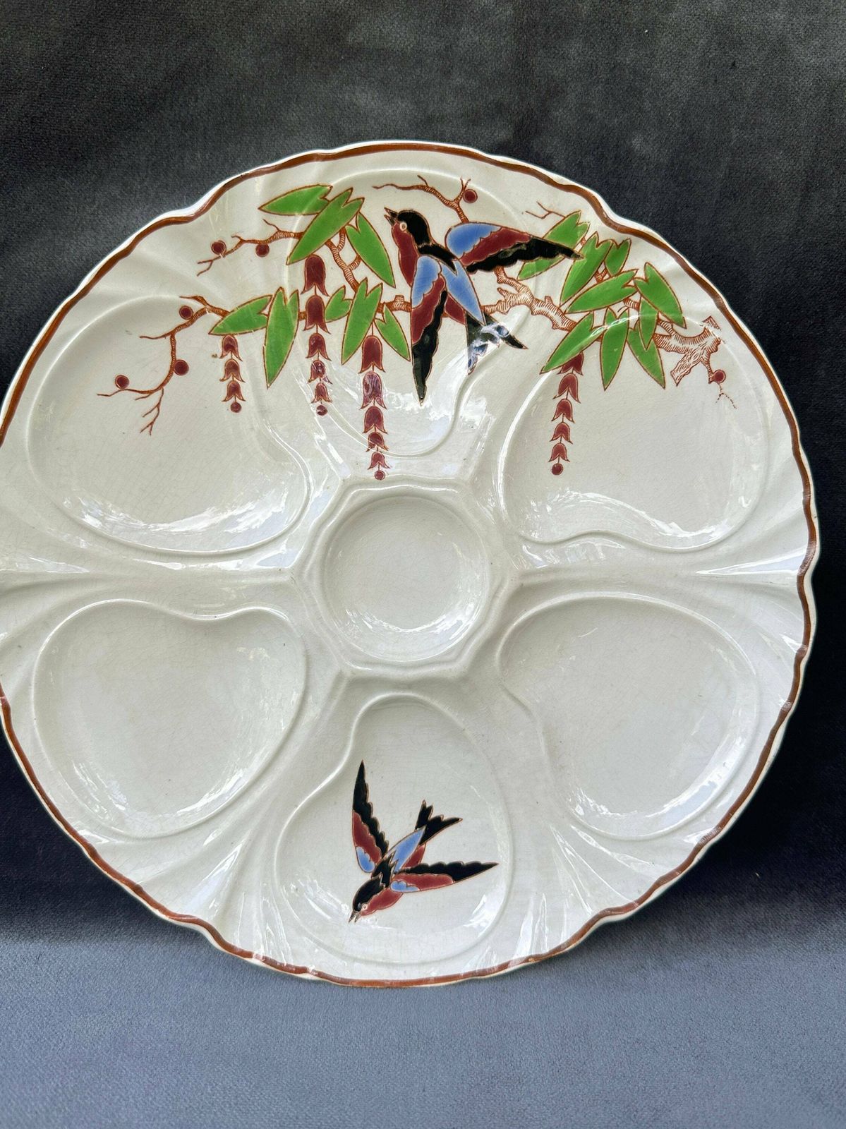 Rare French Antique Longwy "Bengali" Model Majolica Scalloped Oyster Plate photo furniture