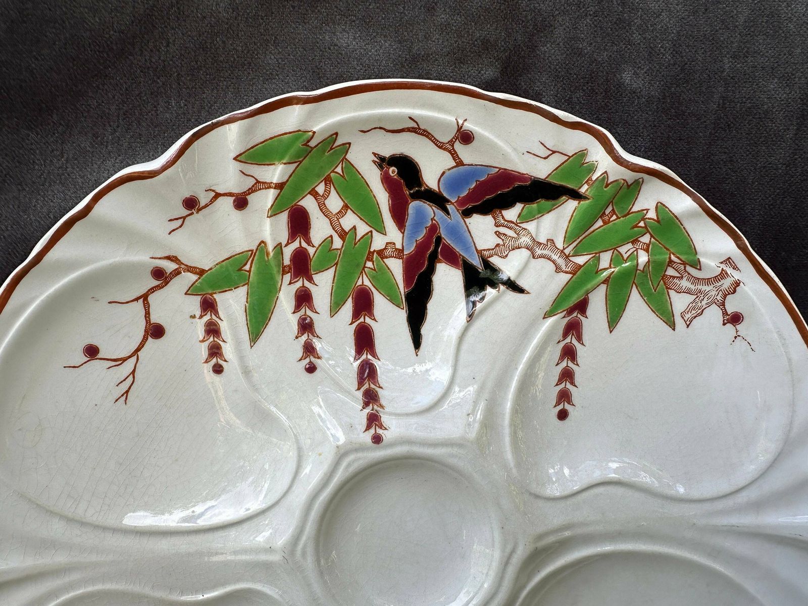 Rare French Antique Longwy "Bengali" Model Majolica Scalloped Oyster Plate photo for sale