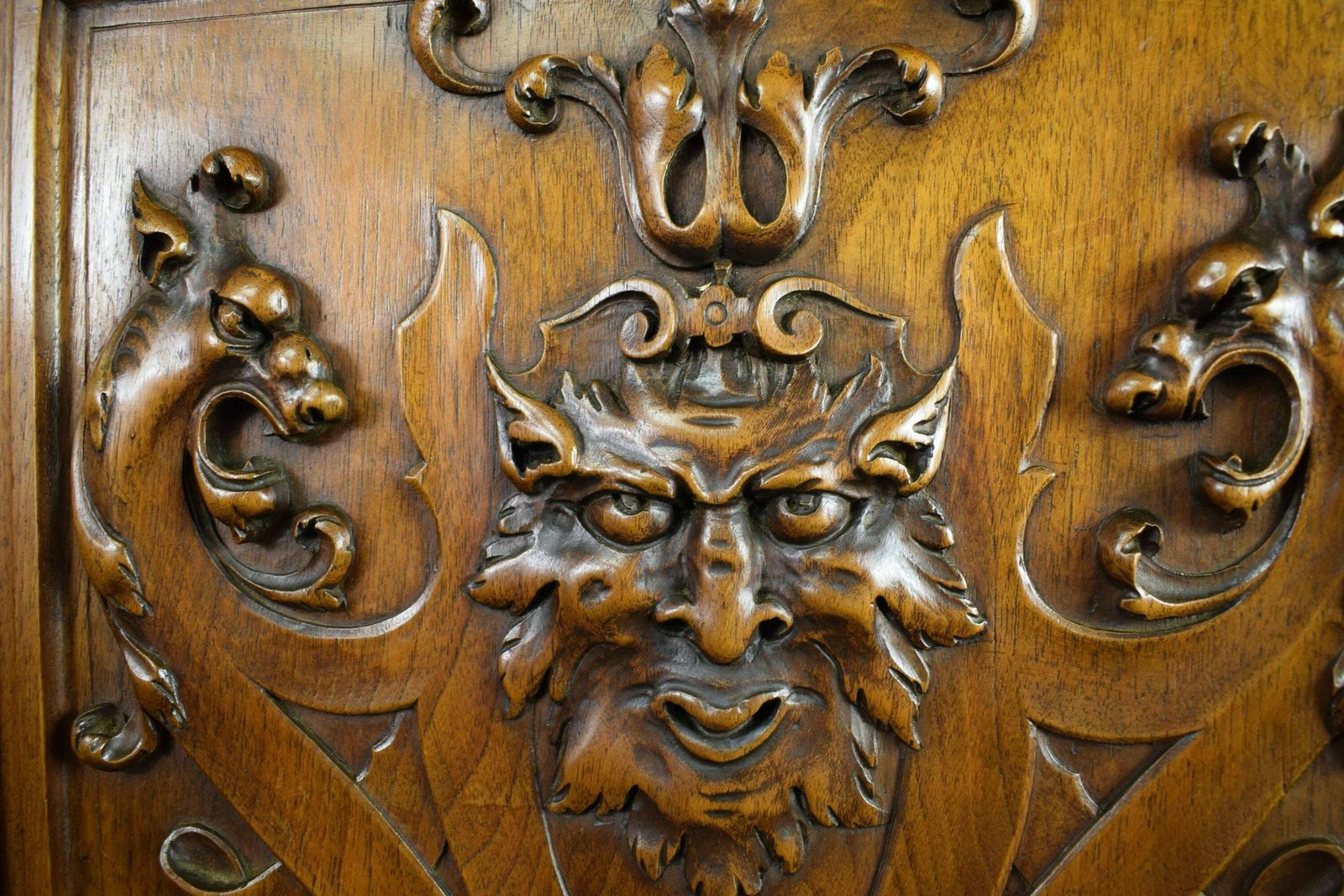 Architectural French Antique Hand Carved Wood Cupboard Chimera Head Mascaron 19th photo Home Fixtures