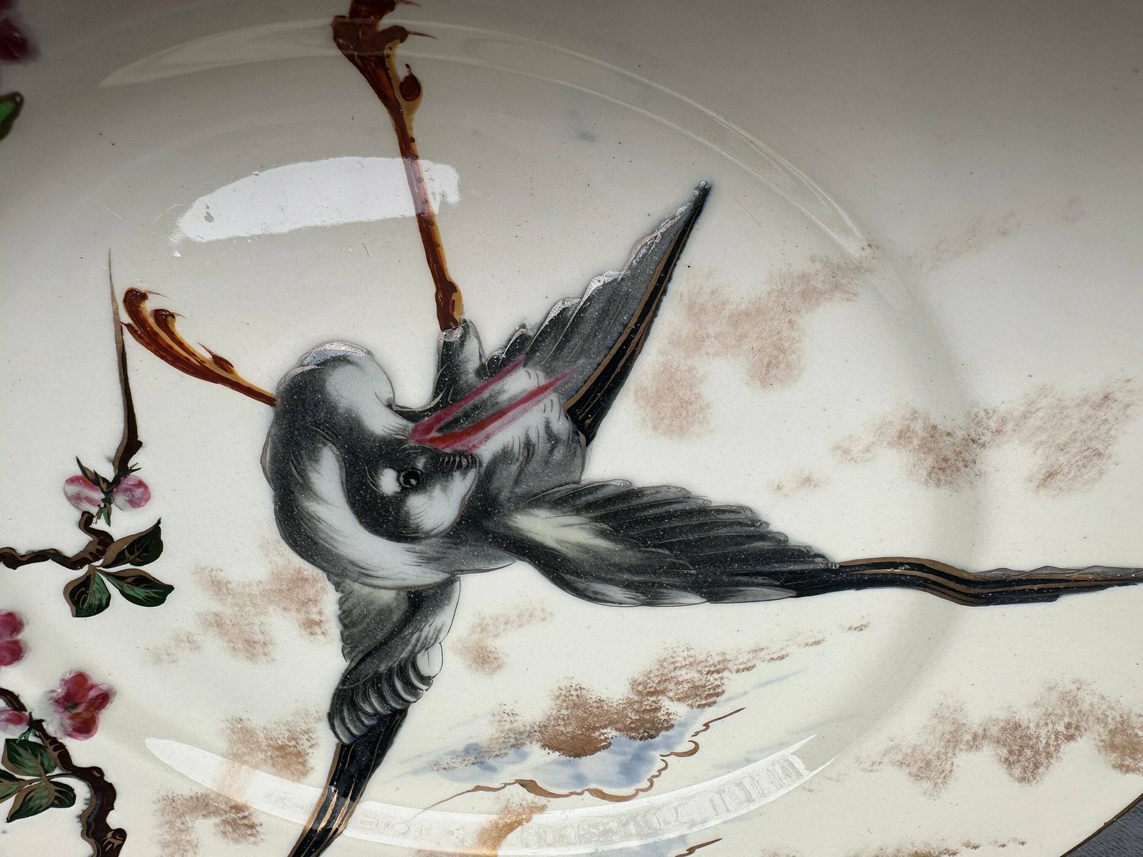 Luneville Keller & Guerin Rare French Antique Bird Enamel Plate 19th photo Home Decor