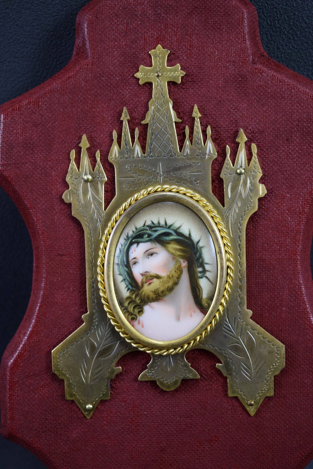 Vintage French Religious Holy Face Of Jesus Painting Holy Water Font 19th.C