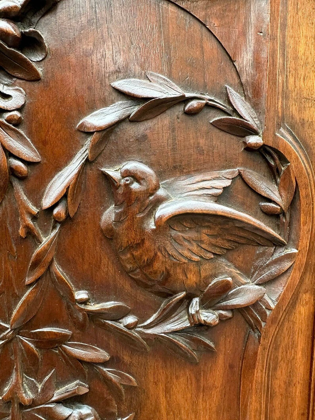 Large French Antique Carved Wood Cabinet Door Couple Of Birds photo 639.0