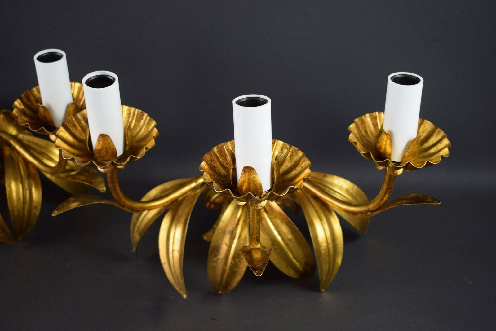 French Antique Pair Of Hollywood Regency Triple Leaves Wall Lights Sconces Hans Kögl photo vinterior