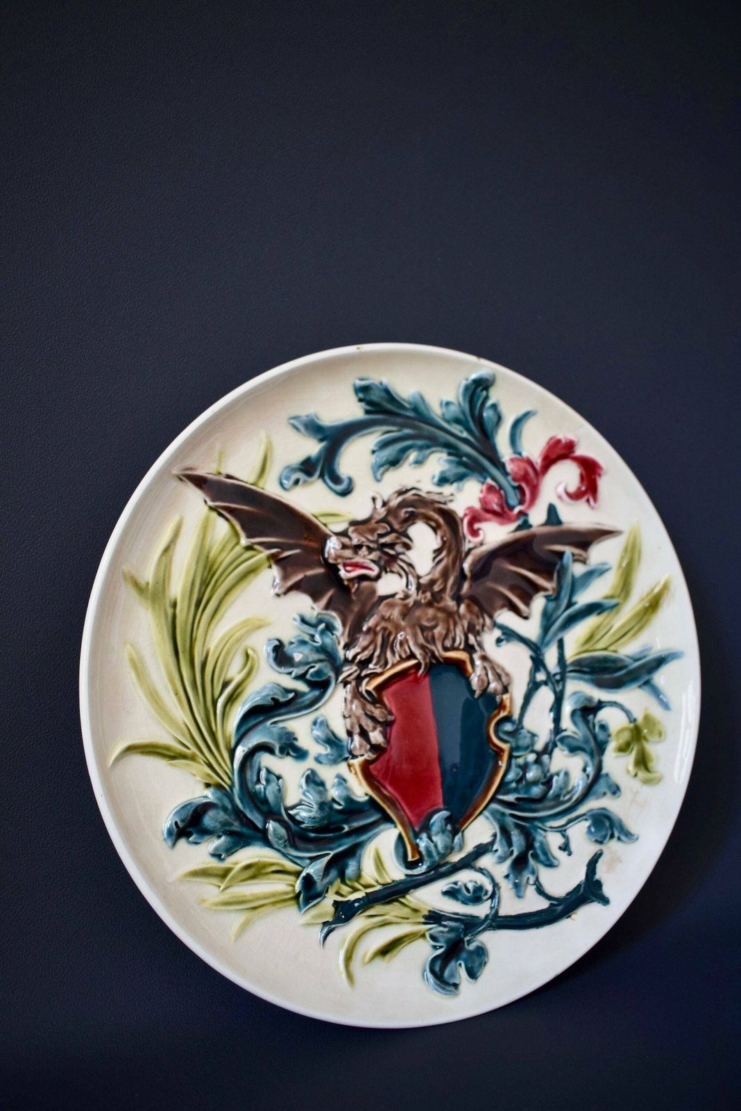 Antique Medieval Crest Coat Of Arms Majolica Wall Plate With Griffin photo buy