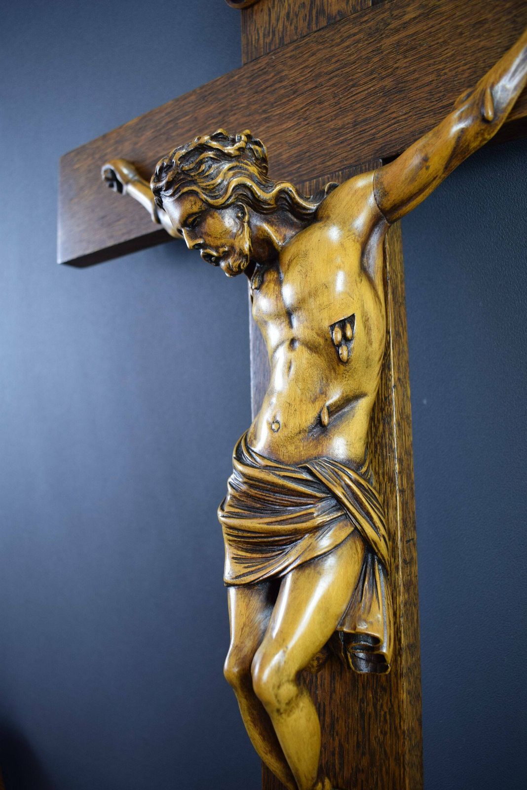 French Vintage 28" Carved Wood Wall Crucifix Cross photo 559.0