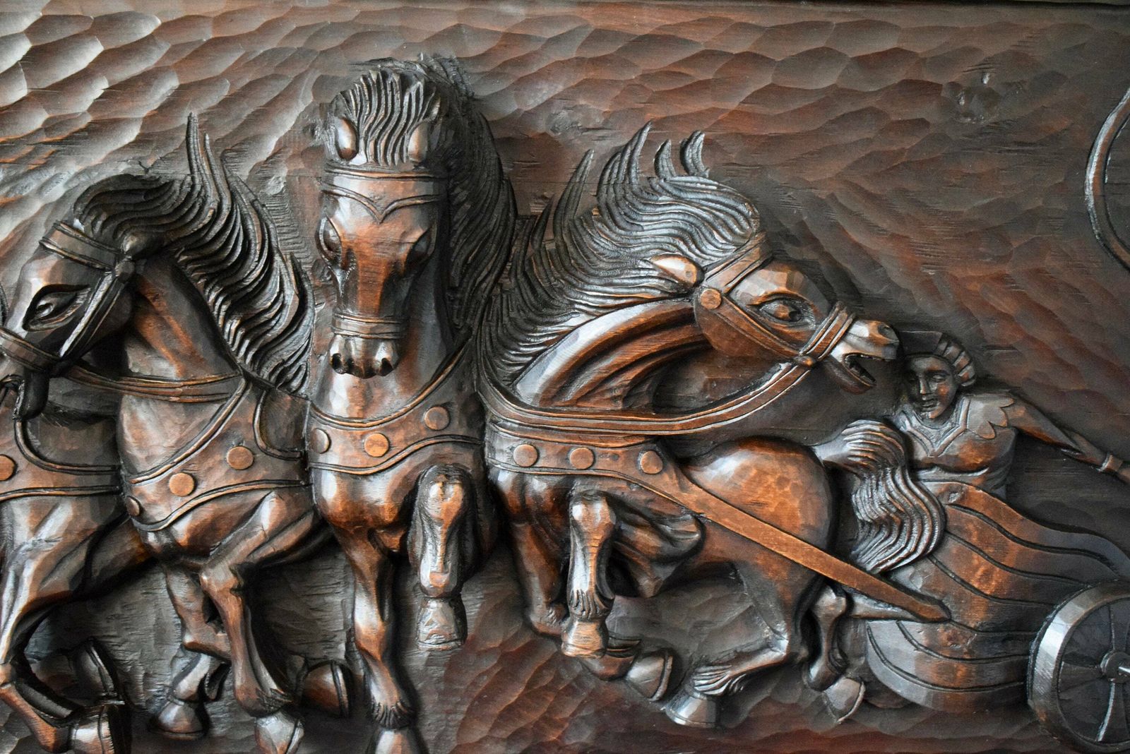 Antique French Large Hand Carved Wood Wall Panel Of Horses Chariot photo furniture
