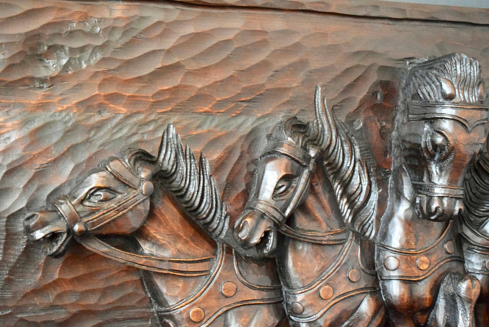 Antique French Large Hand Carved Wood Wall Panel Of Horses Chariot photo 977.0