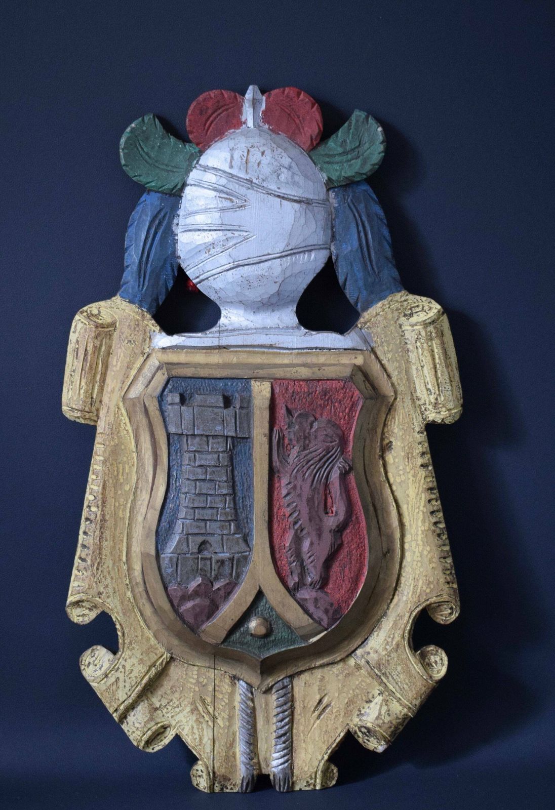 Antique Carved And Painted Wood Wall Coat Of Arms Crest photo furniture