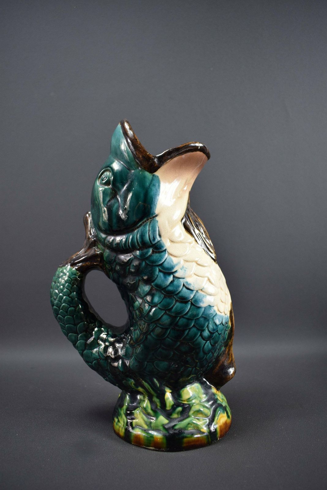 Antique French Majolica Gurgling Fish Pitcher Jug Vase photo 204.0