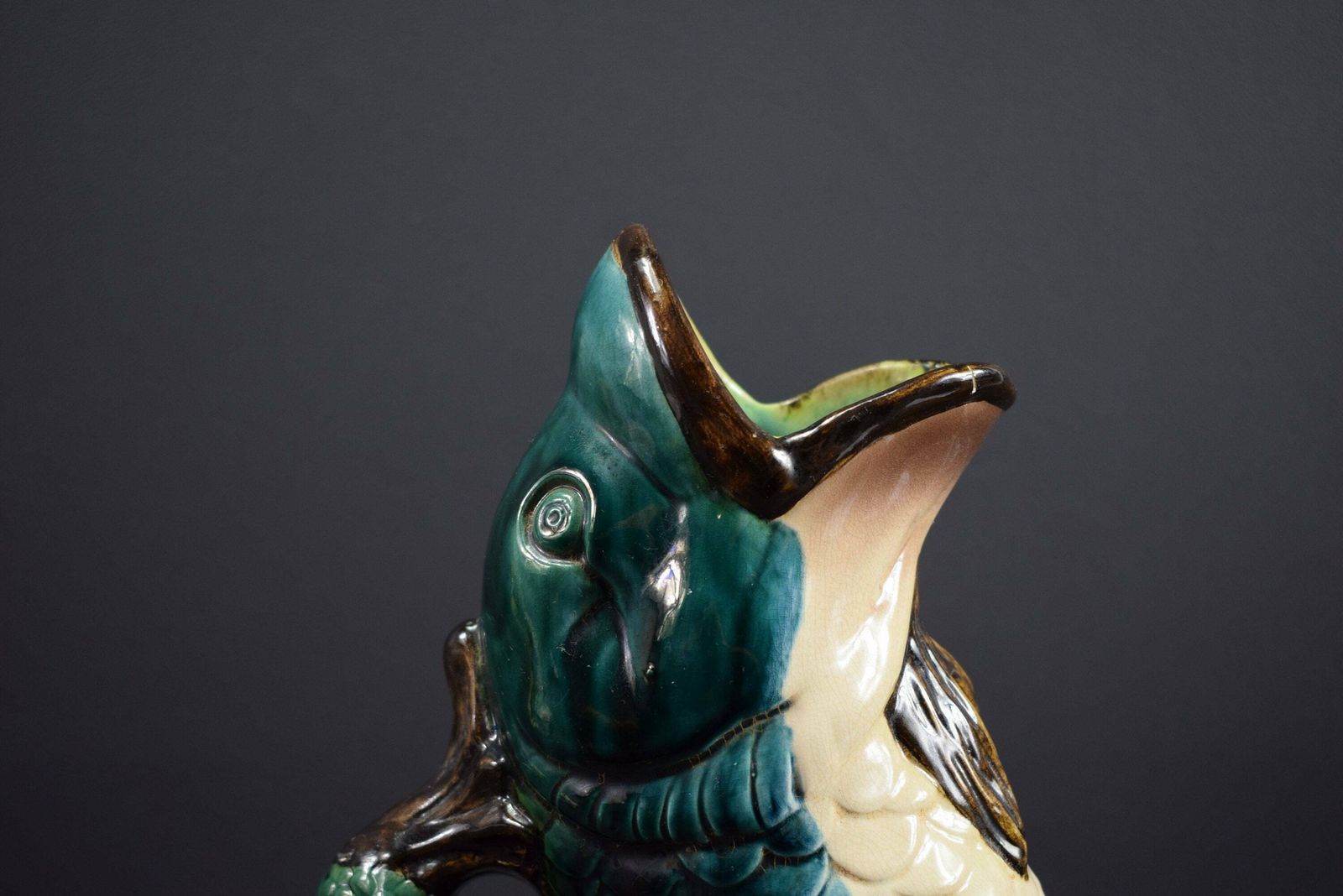Antique French Majolica Gurgling Fish Pitcher Jug Vase photo vinterior
