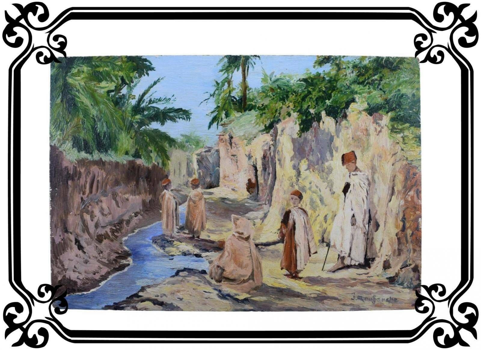 French Orientalist Oil Painting On Panel Signed Roufanche, Maghreb Oasis Painting