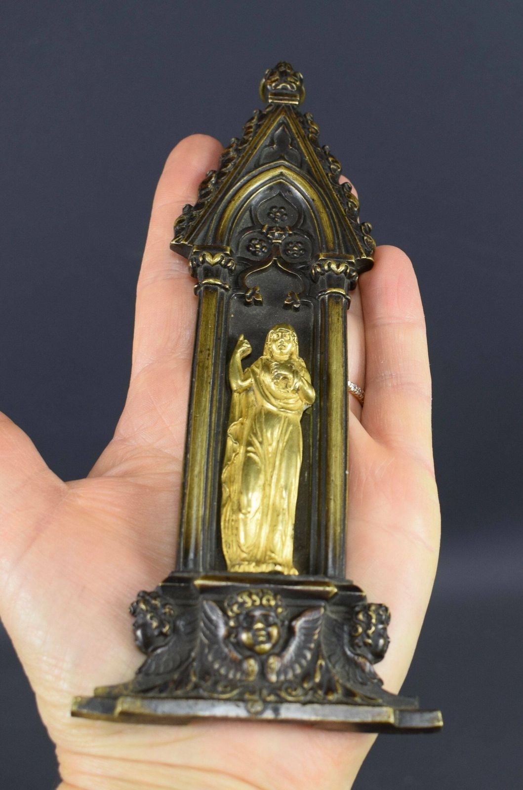 Antique French Bronze Virgin Mary Wall Plaque photo vinterior