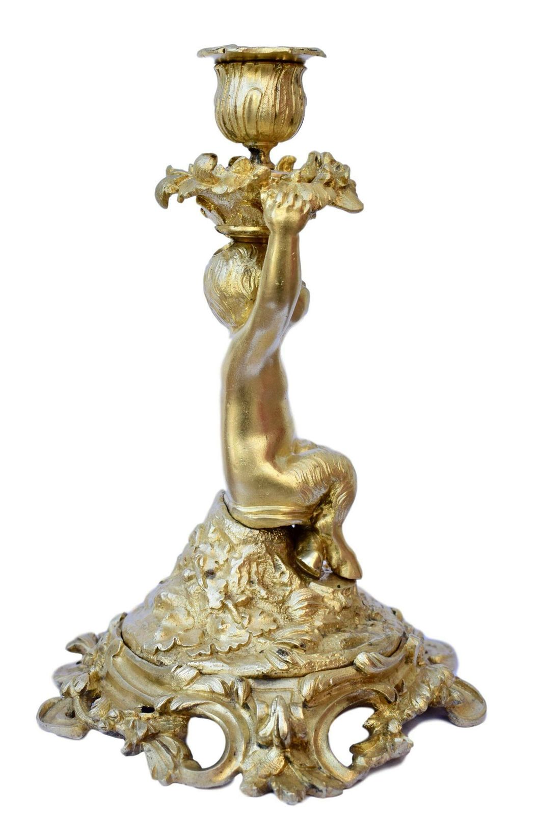 Rococo Antique French Ormolu Bronze Candlestick Candle Holder With A Faun Statue photo vinterior
