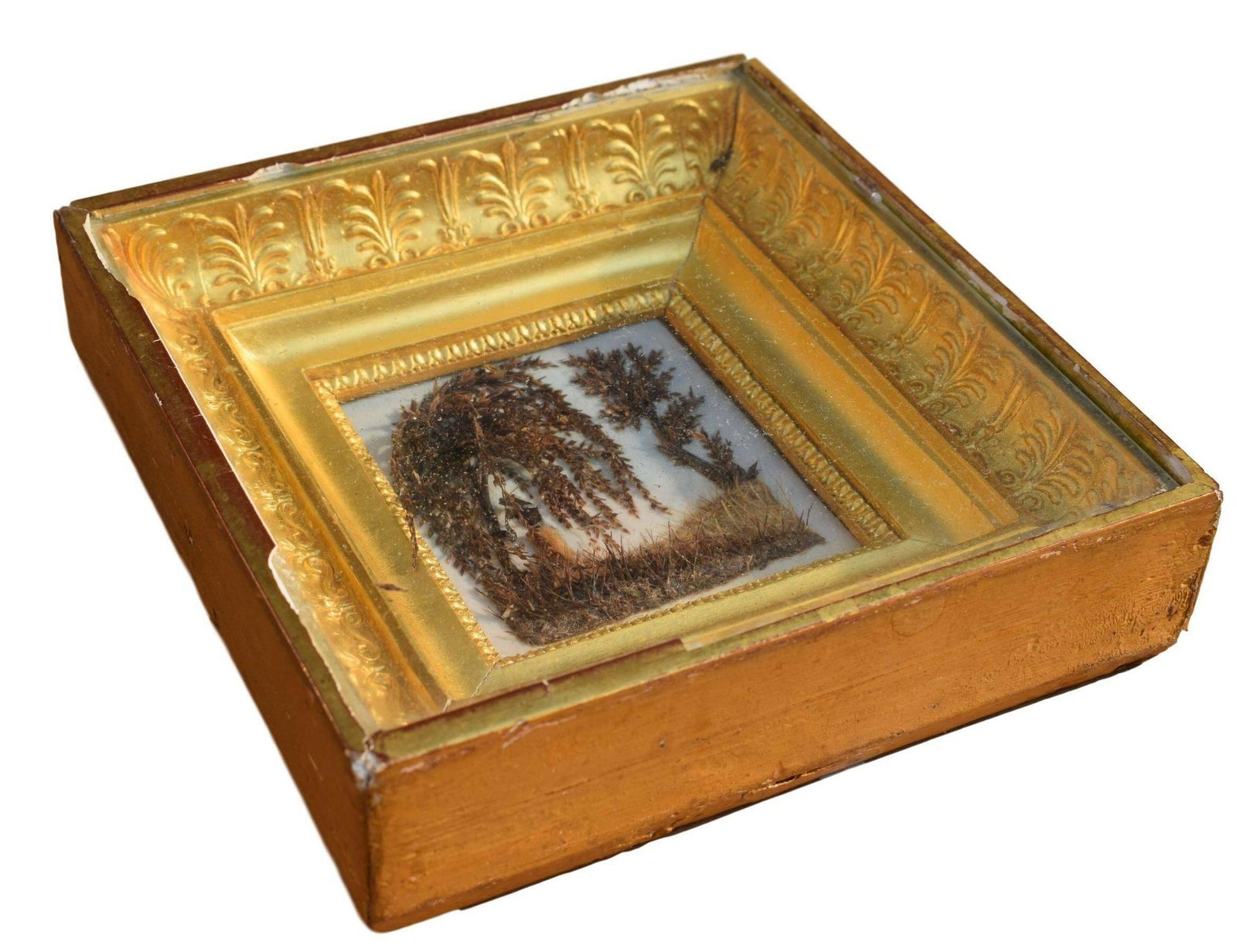 French Antique Rare Empire Sentimental Mourning Hair Art Memento Reliquary Wall Frame Icon photo for sale