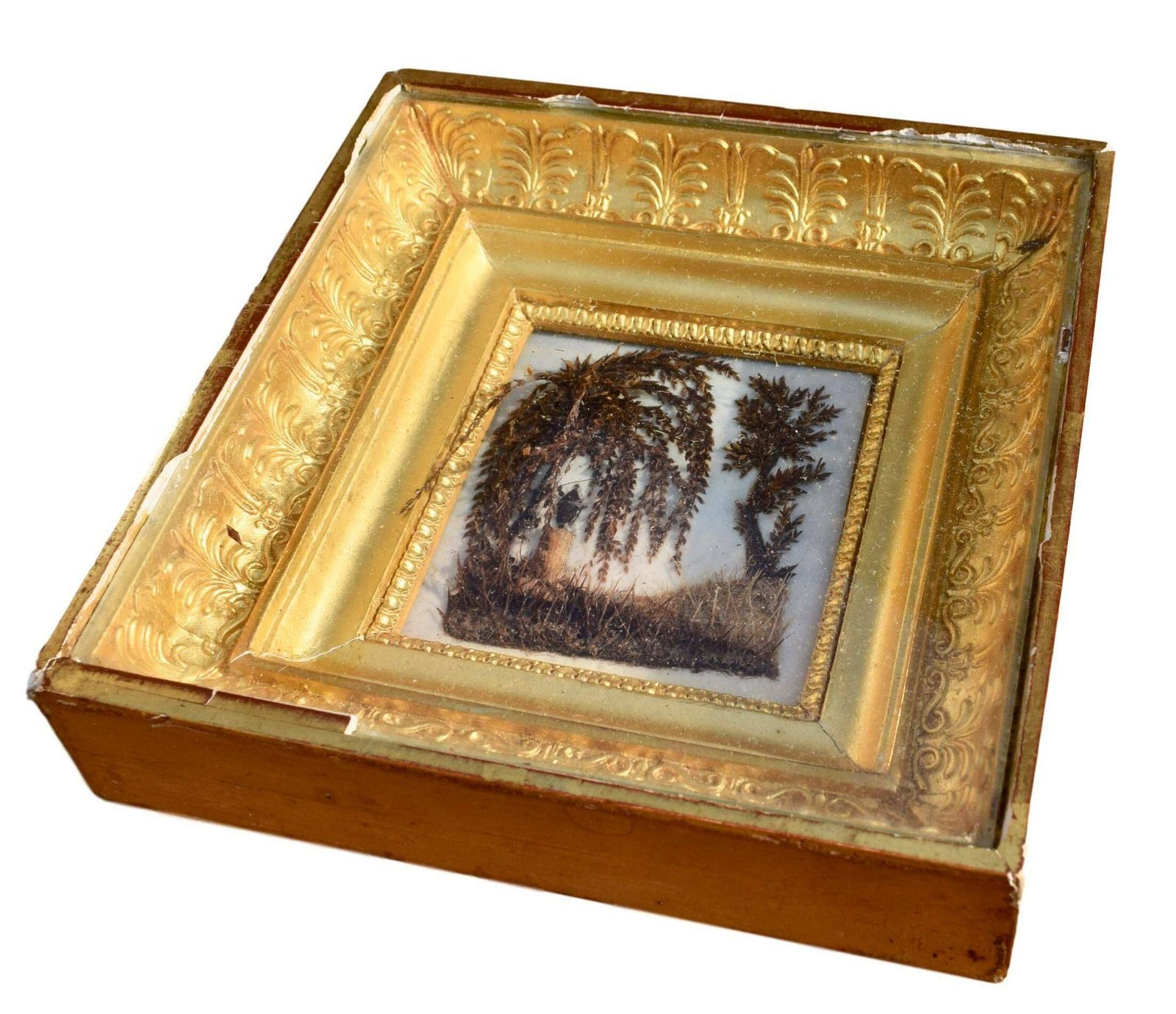 French Antique Rare Empire Sentimental Mourning Hair Art Memento Reliquary Wall Frame Icon photo Art