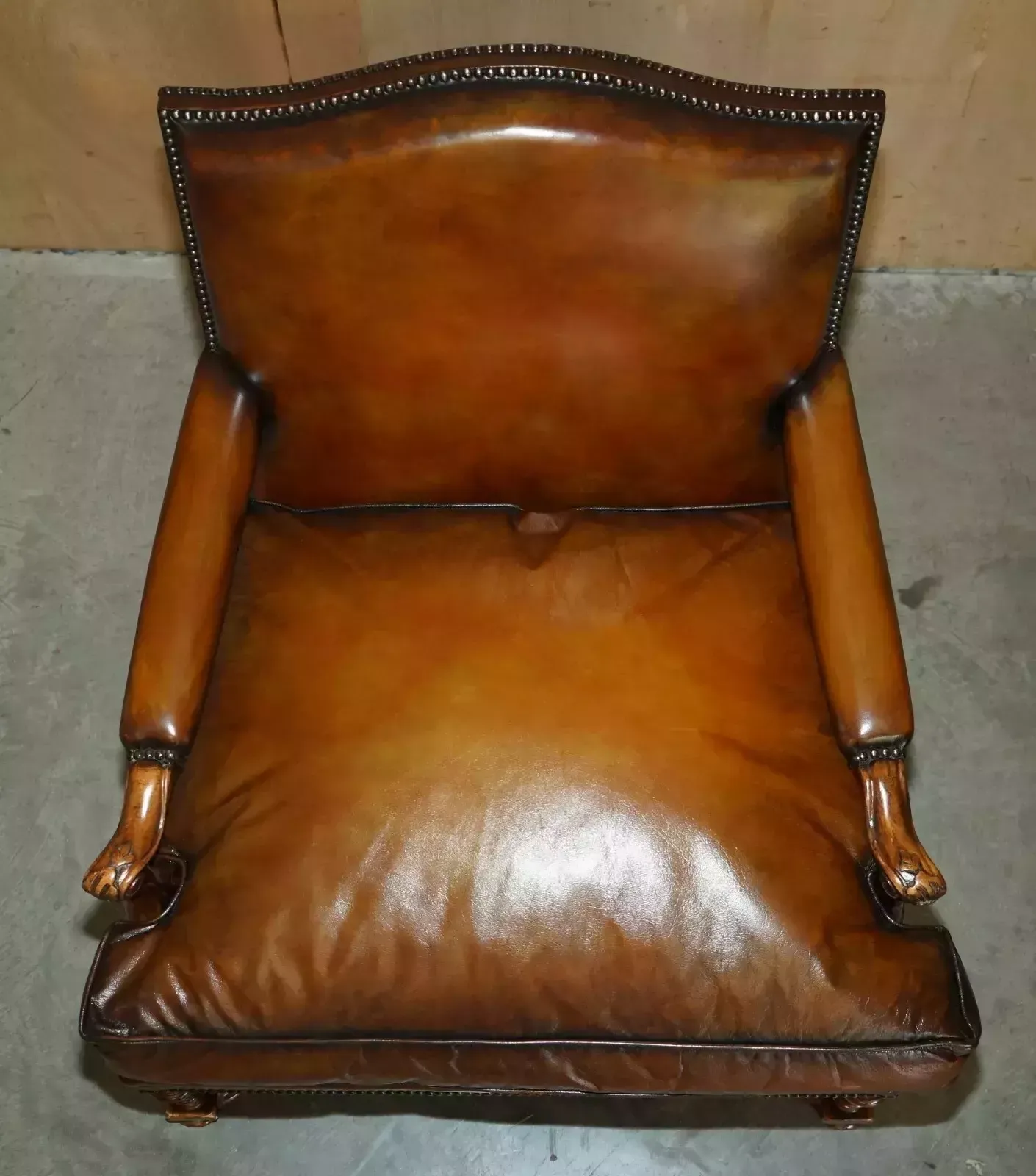 Lovely Pair Of Hand Dyed Cigar Brown Leather Library Armchairs With Ottoman photo vinterior