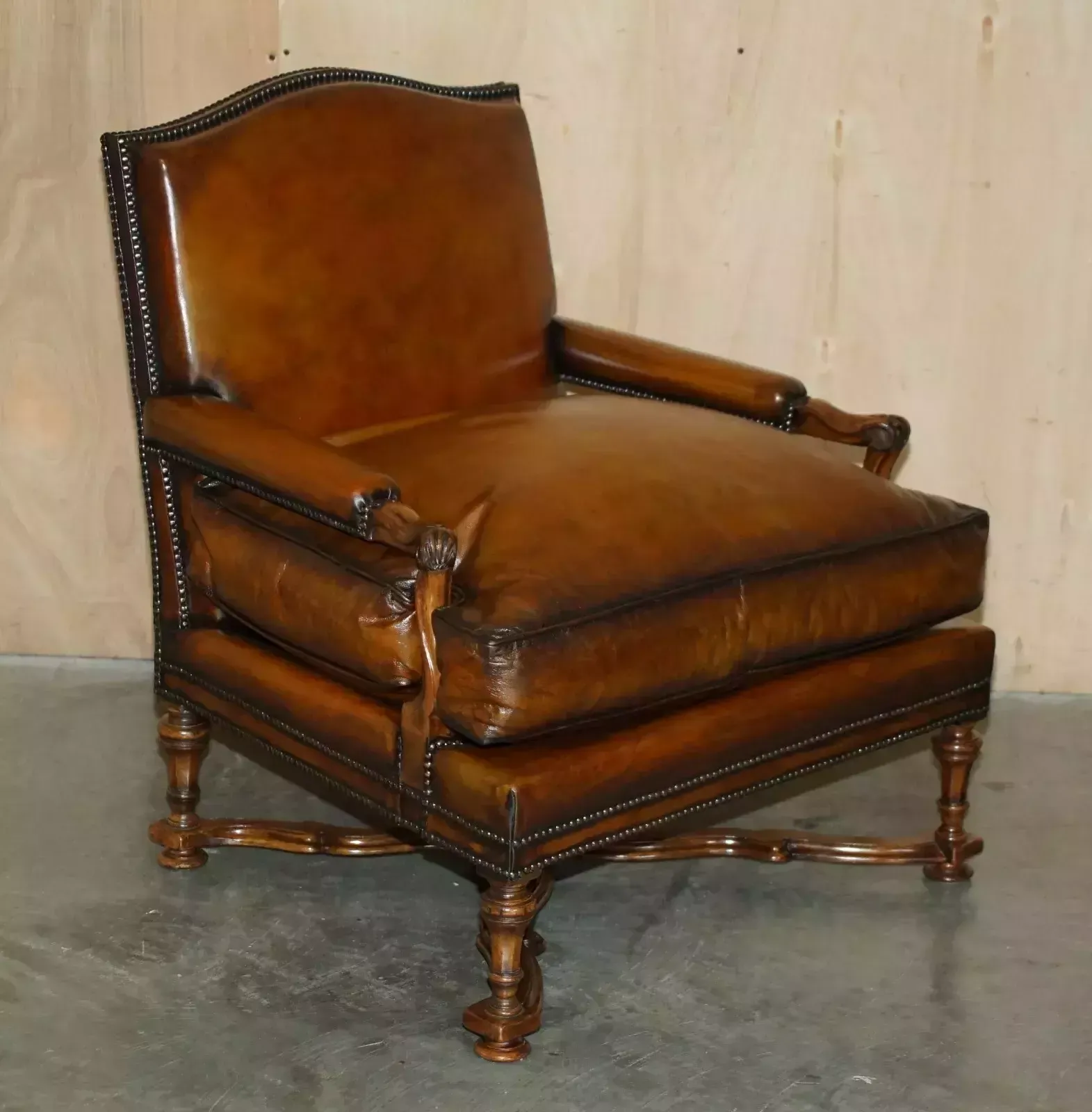 photo buy Lovely Pair Of Hand Dyed Cigar Brown Leather Library Armchairs With Ottoman
