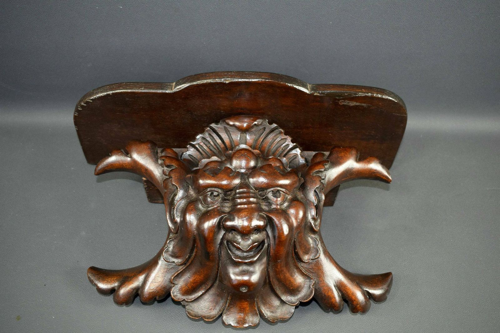 photo for sale French Antique Gothic Walnut Hand Carved Wood Corbel Shelf Sconce Wall Bracket Mascaron