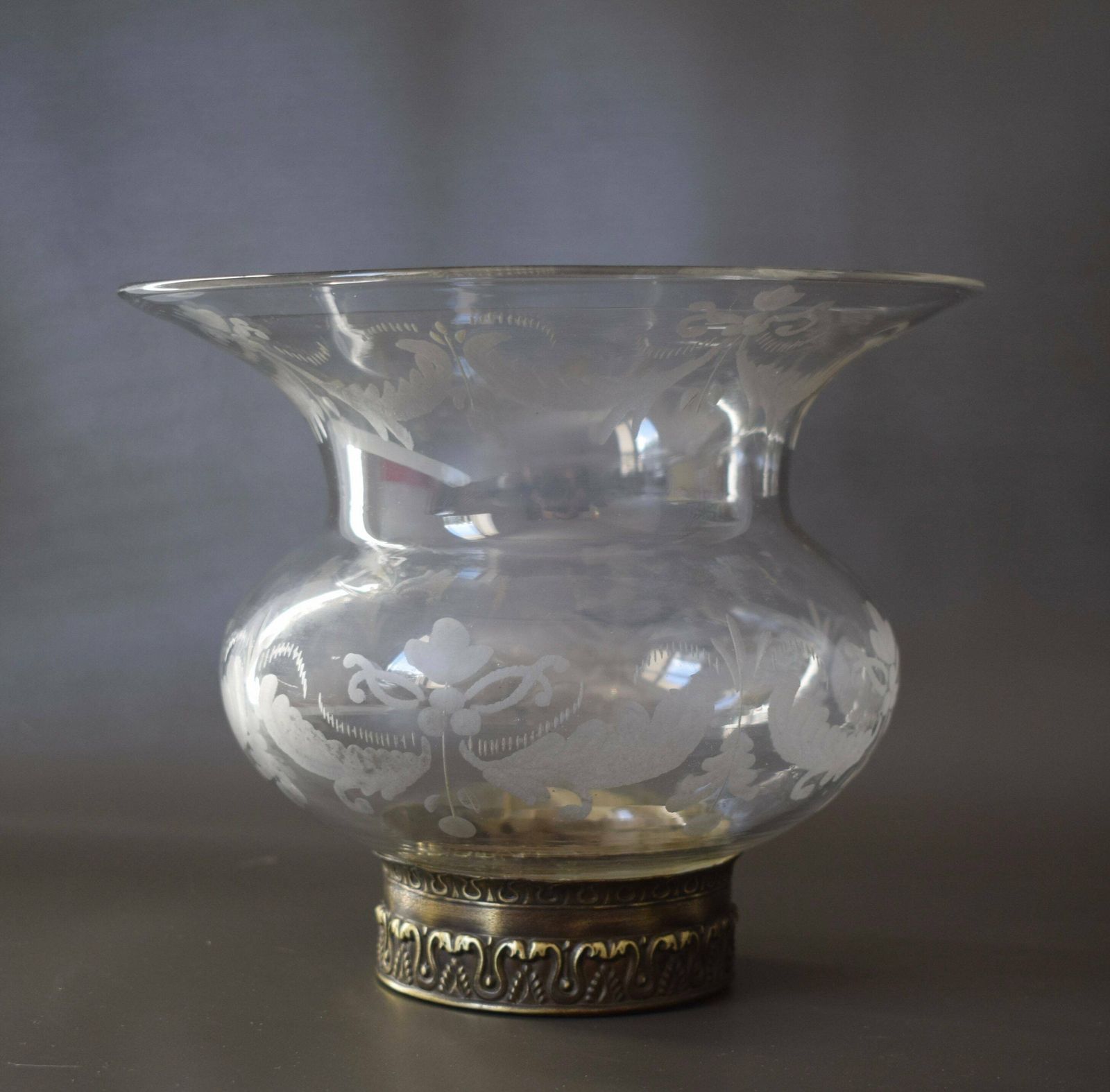 Large Antique French Cut Crystal Wheel Engraving Glass Lamp Shade With Brass Mount photo for sale