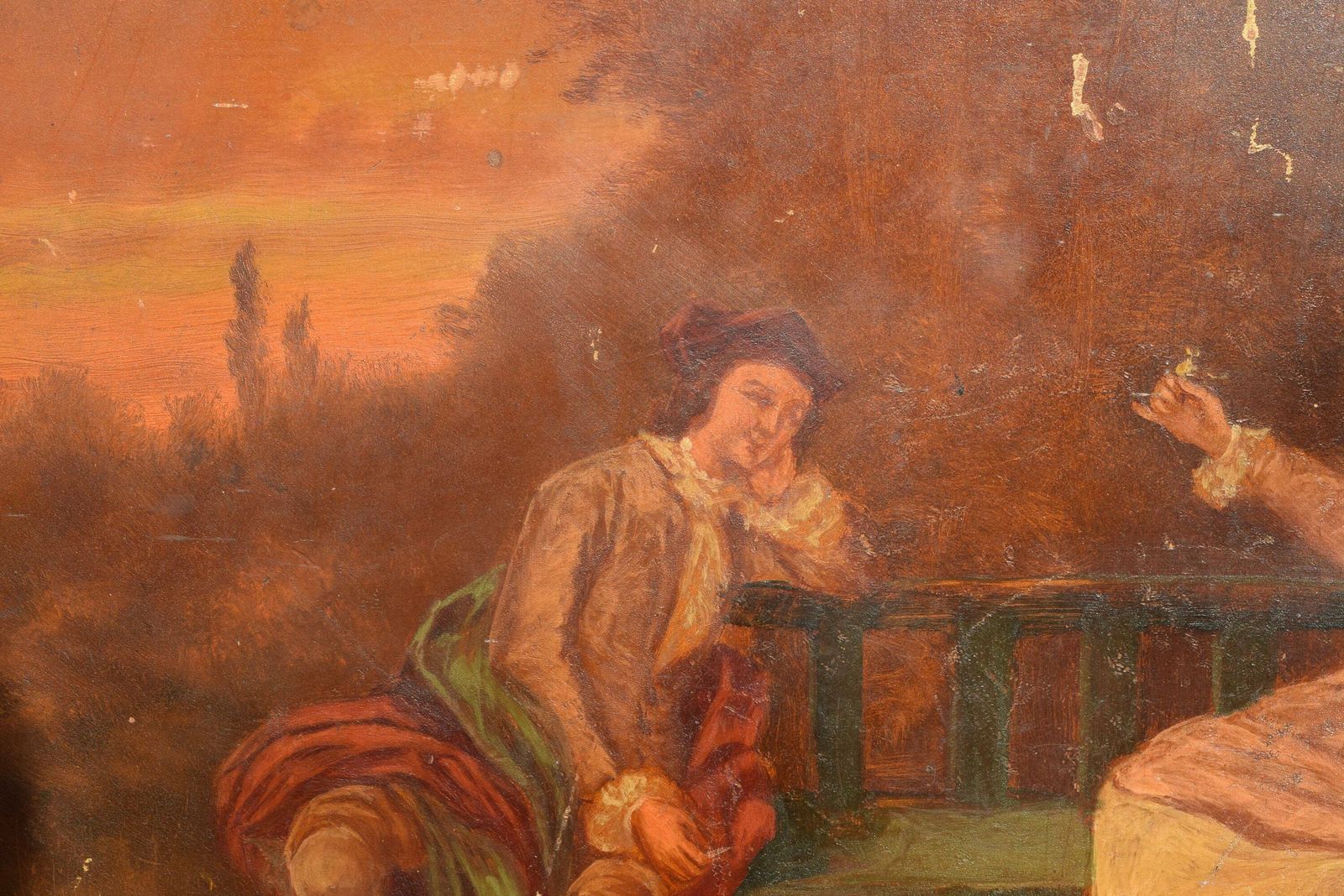 French Antique Oil Painting Of A 18th Century Style Romantic Couple In A Park At Sunset photo furniture