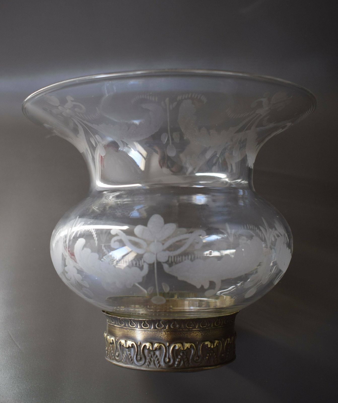 Large Antique French Cut Crystal Wheel Engraving Glass Lamp Shade With Brass Mount photo buy