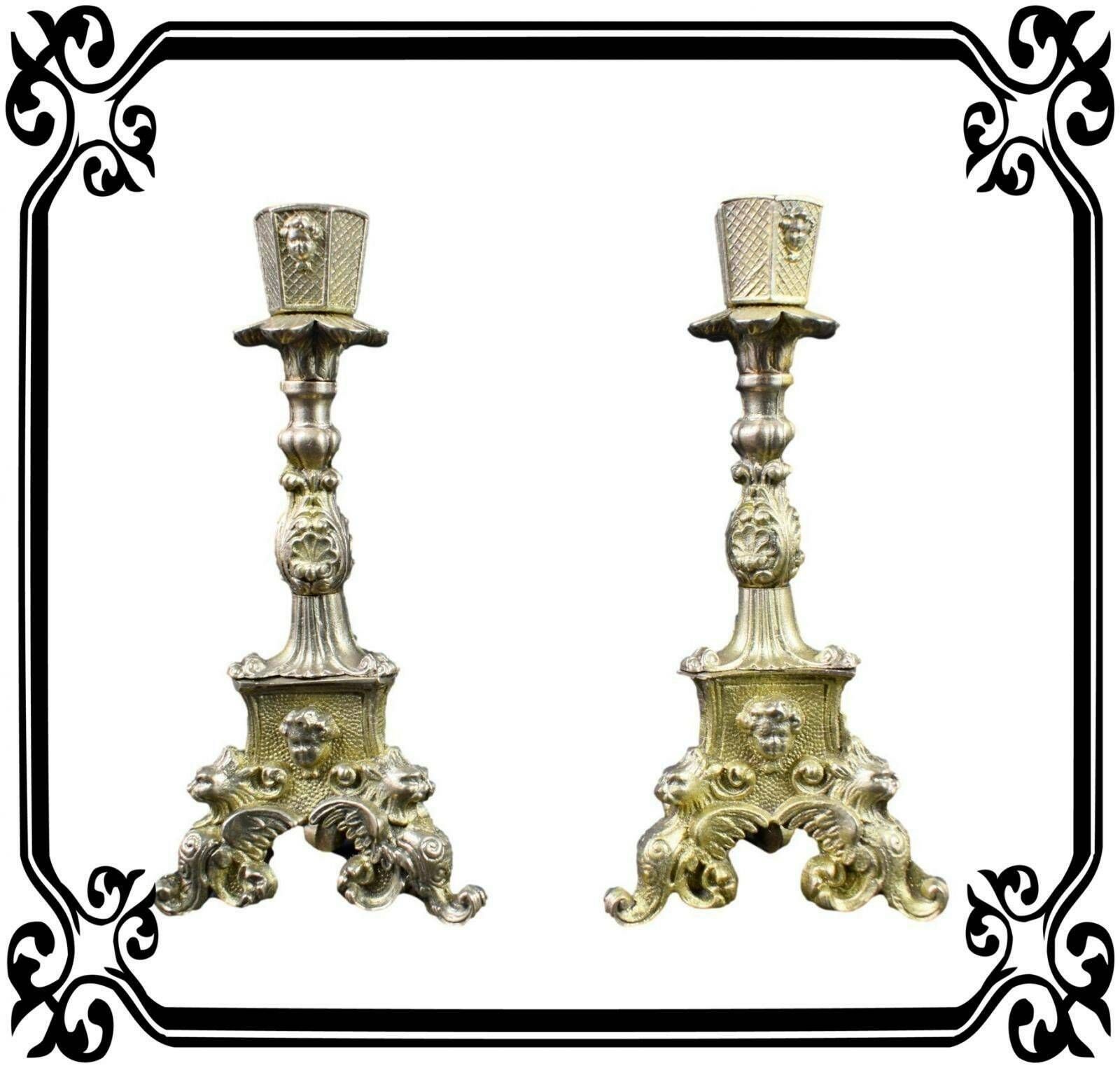 Vintage French Antique Pair Of Gothic Bronze Candle Holder Chimera 19th