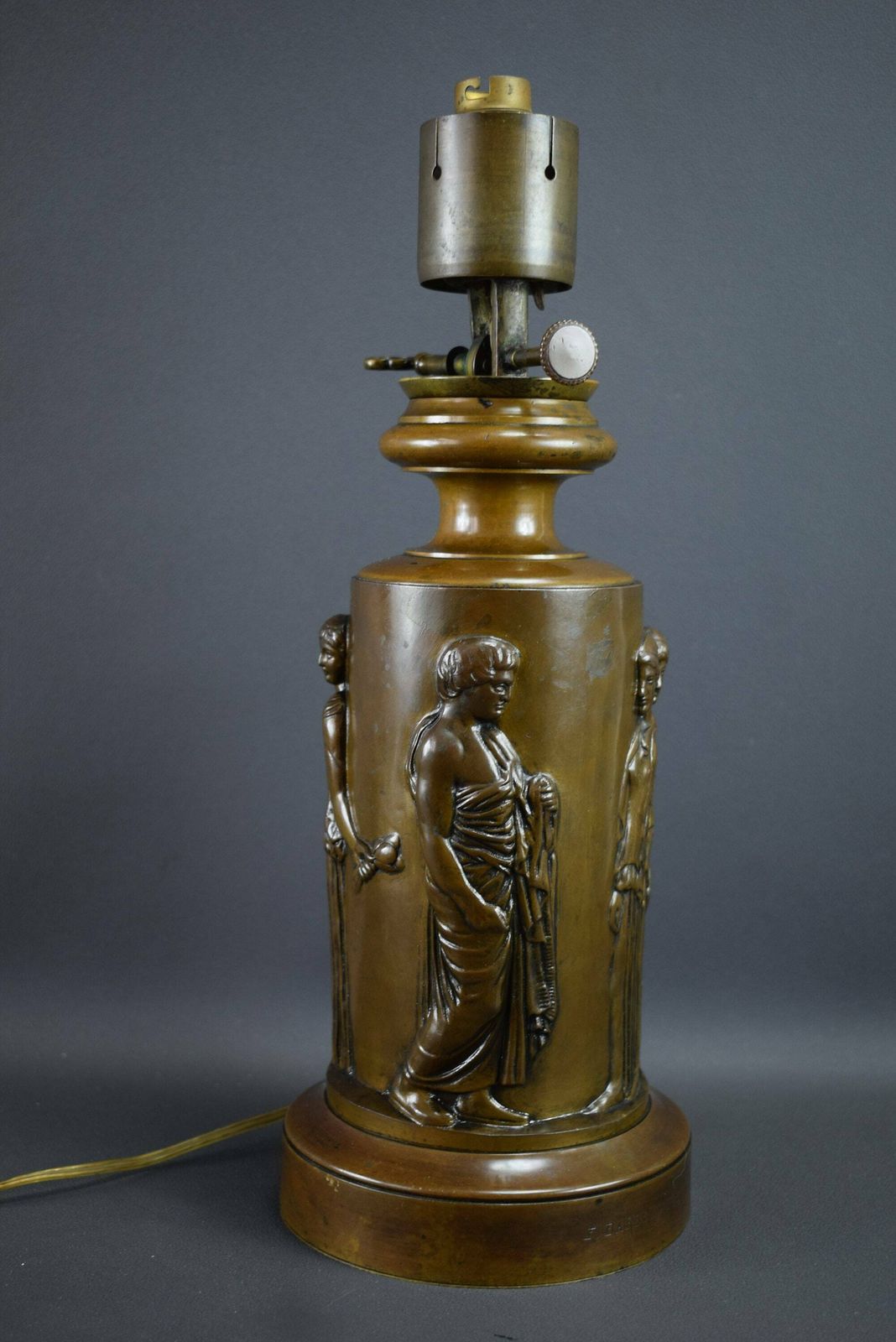 19th Ferdinand Barbedienne Antique French Bronze Electrified Oil Lamp Base photo vinterior