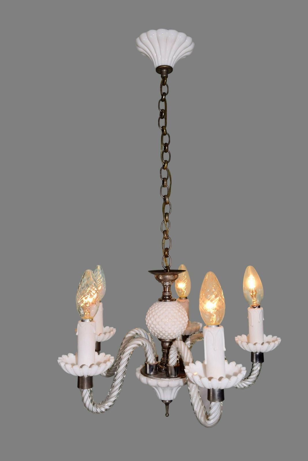 French Vintage White Opaline Chandelier 5 Lights