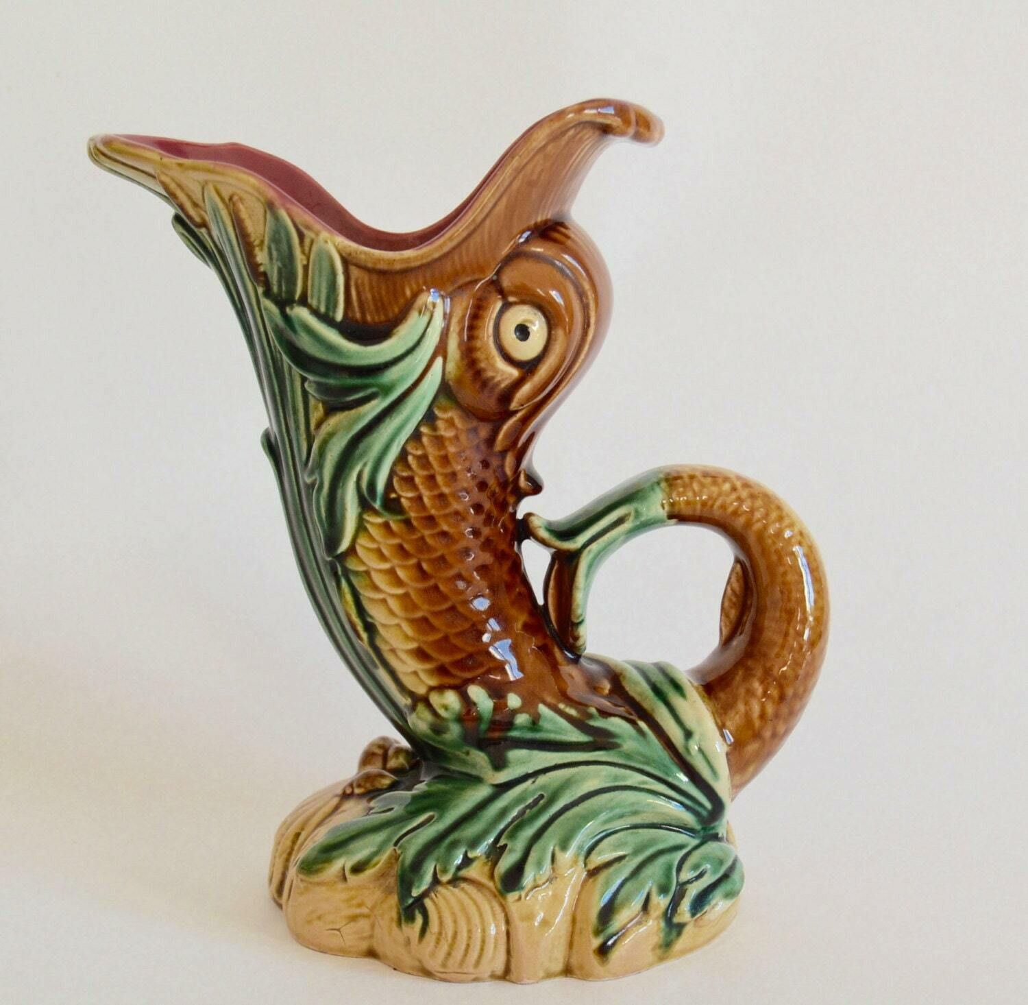 Rare Antique French Majolica Gurgling Fish Pitcher Jug Vase
