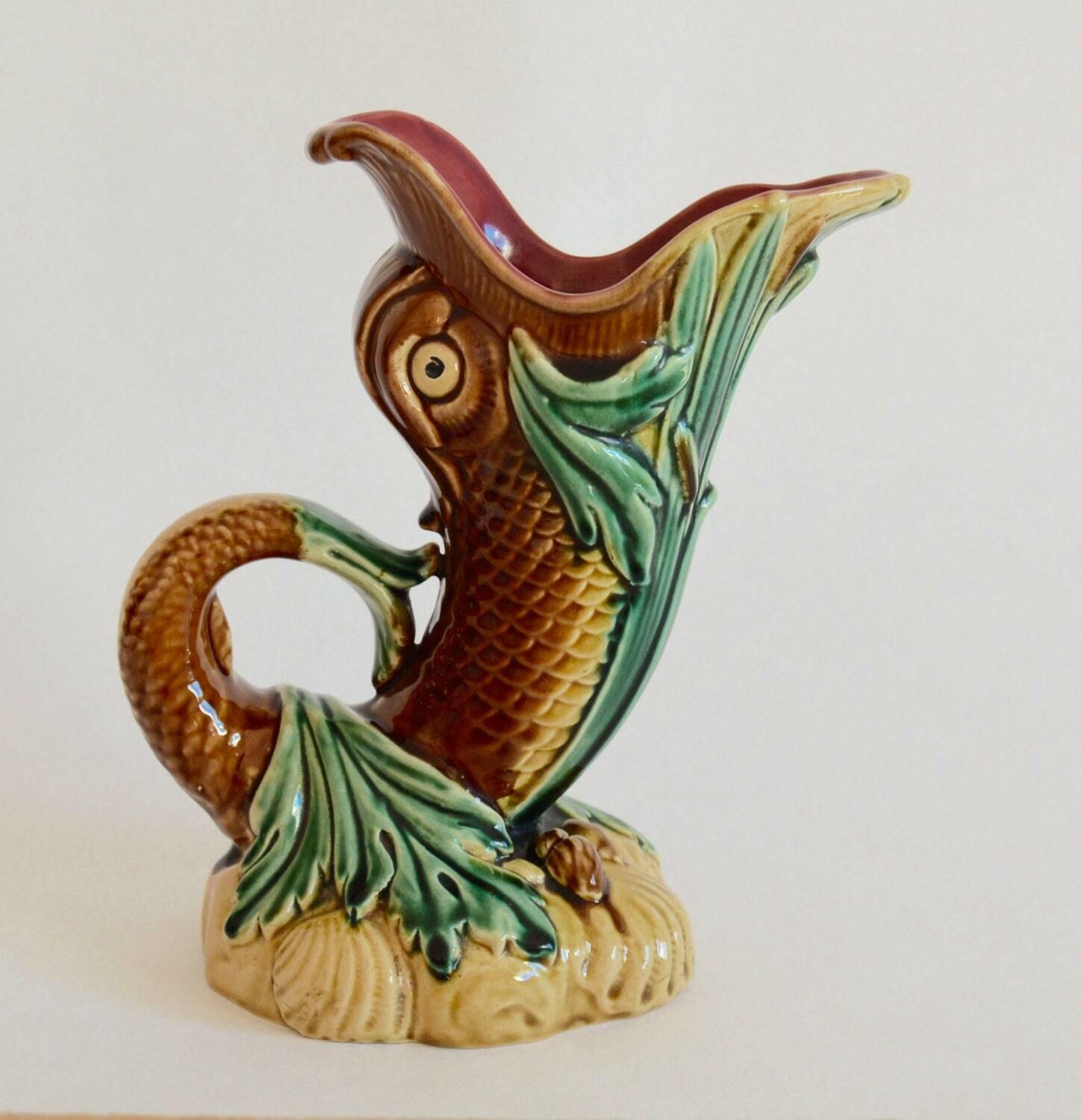 Rare Antique French Majolica Gurgling Fish Pitcher Jug Vase photo furniture