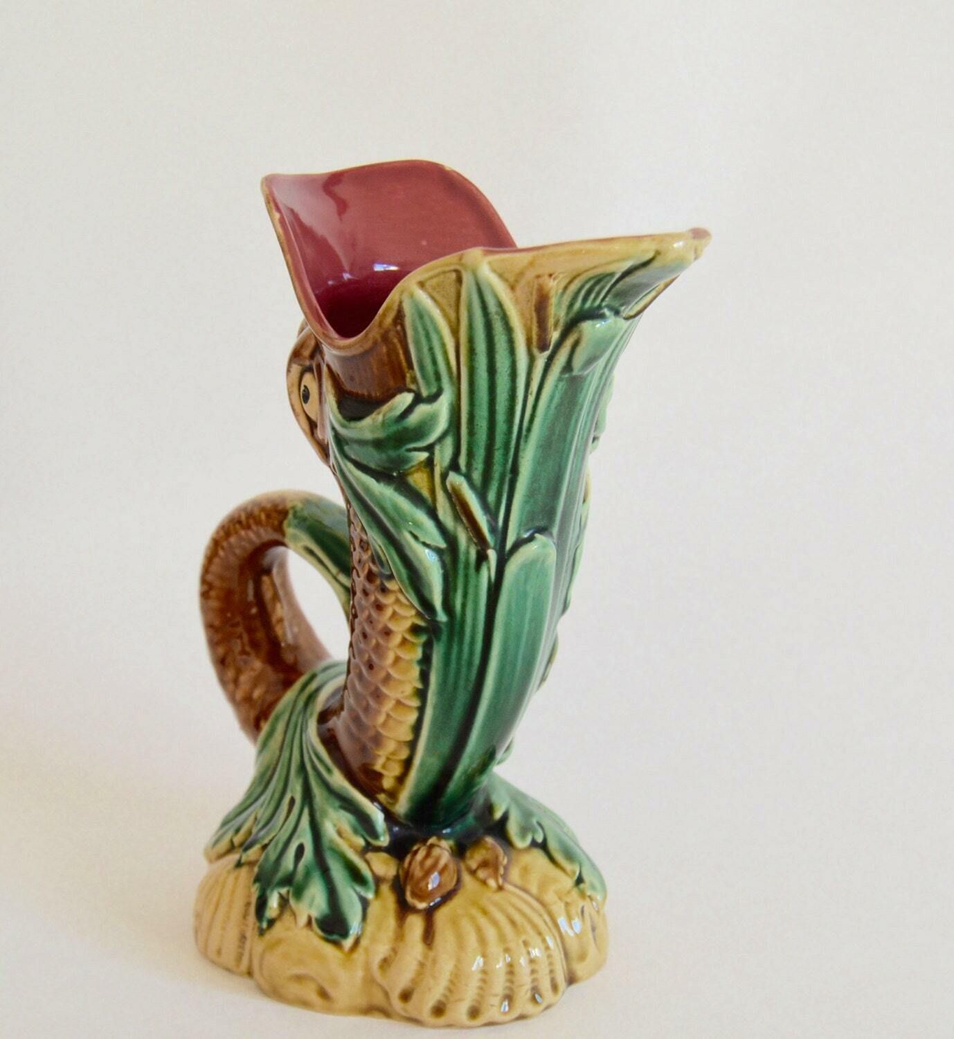 Rare Antique French Majolica Gurgling Fish Pitcher Jug Vase photo for sale