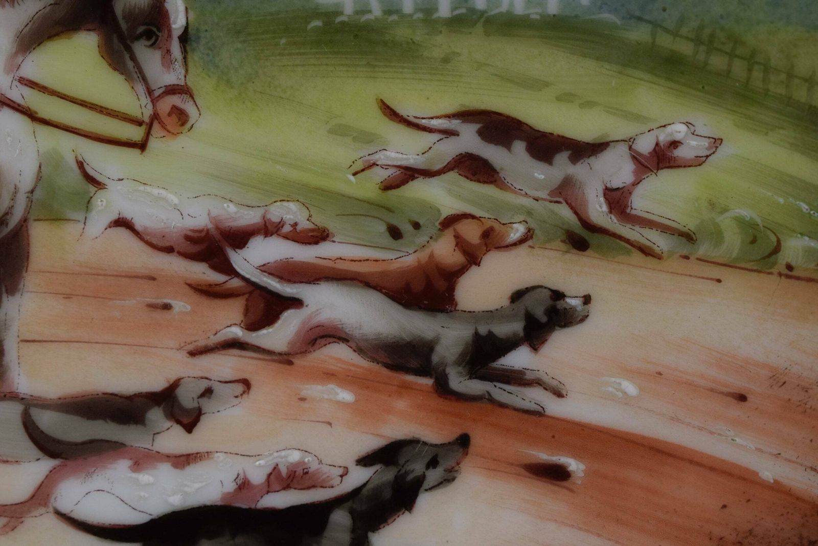 French Antique 19th.C Hand Painted Paris Porcelain Wall Plate, Hunting With Hounds Theme Wall Plate, Horse Dogs Hunting With Hounds photo Art