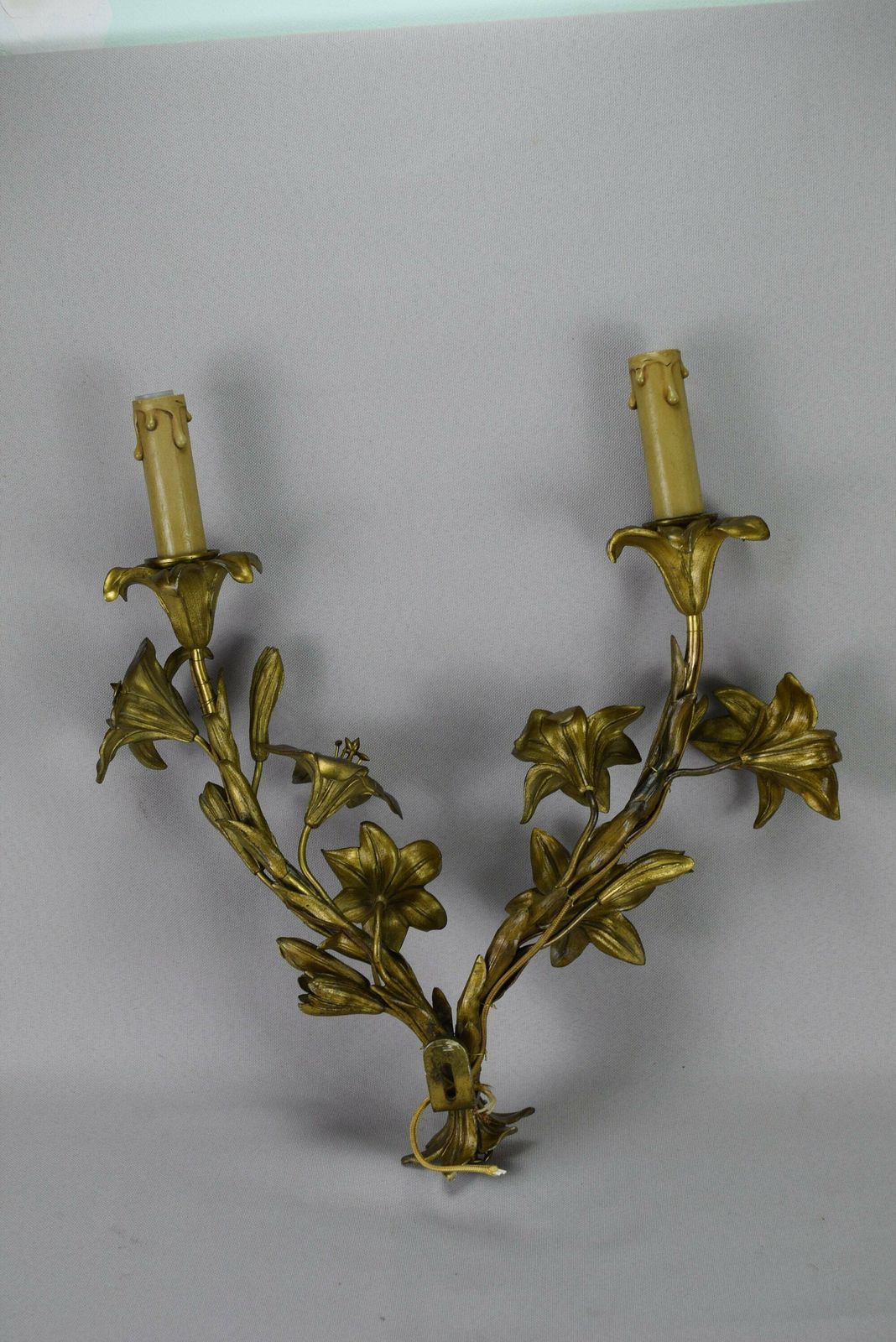 Rare Large Bronze Wall Sconce, French Antique Bronze Flower Sconce, Shabby French Wall Lamp, Two Lights Wall Sconce photo vintage