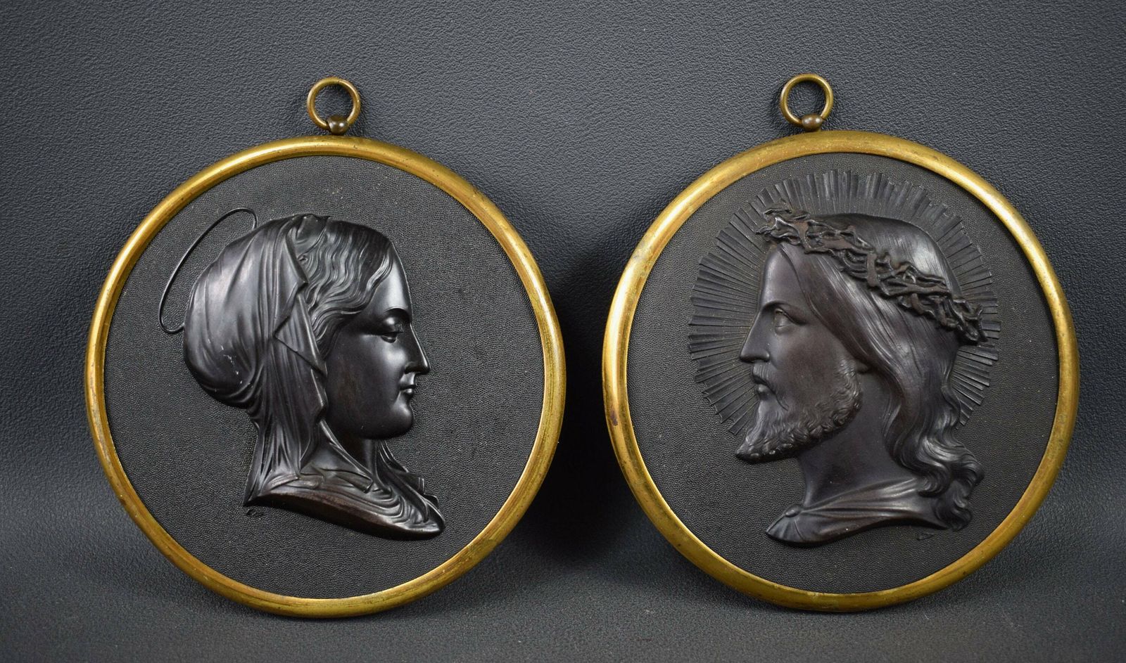 French Antique Pair Of Religious Medallions Hardened Wood 19th photo furniture