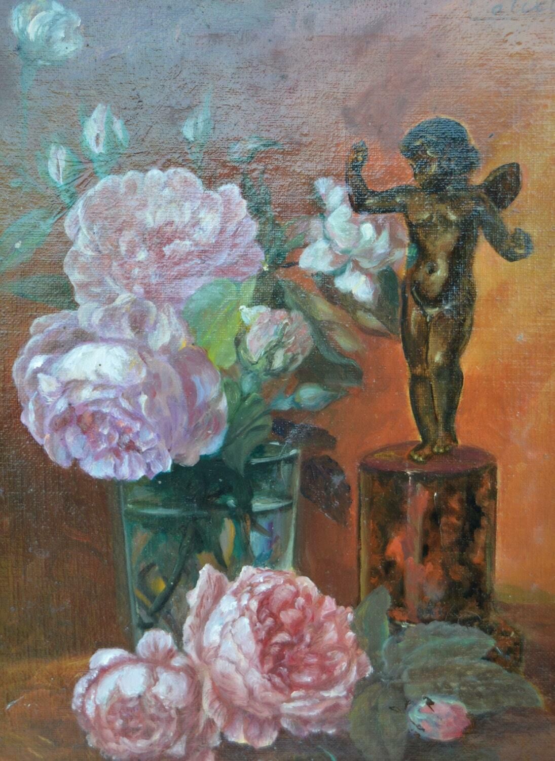French Painting Oil On Canvas   Flowers   Still Life   Angel   By Calixte   French Wall Picture   Home Decoration   Home Wall photo furniture