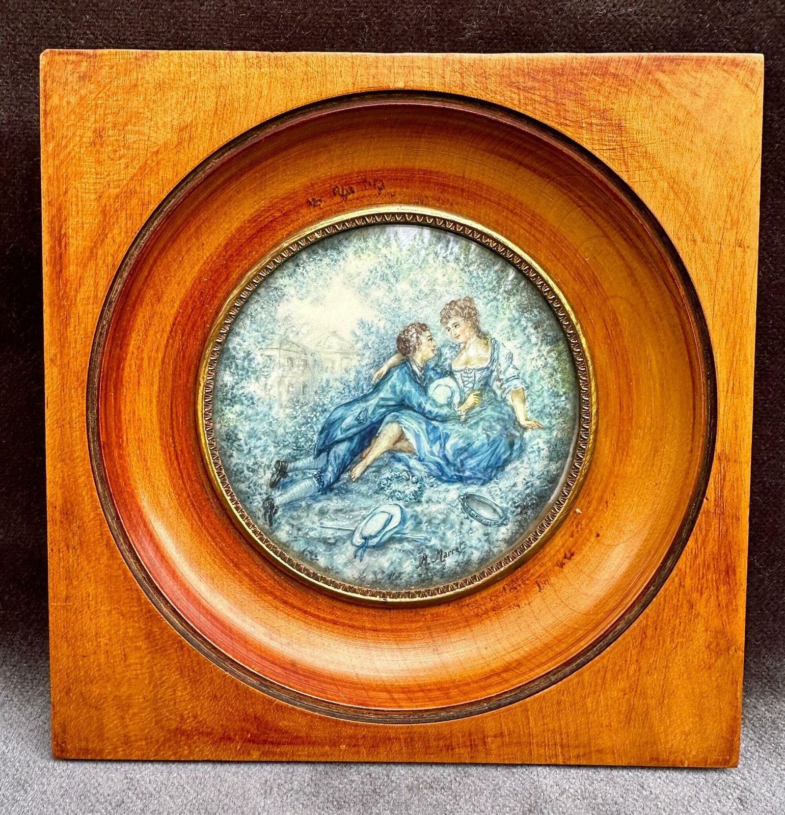 French Antique Miniature Painting Of A Romantic Scene Framed By M Marret photo furniture