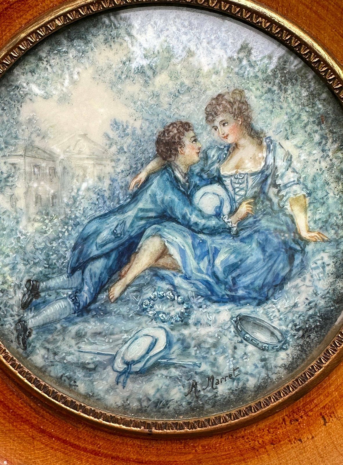 French Antique Miniature Painting Of A Romantic Scene Framed By M Marret photo for sale