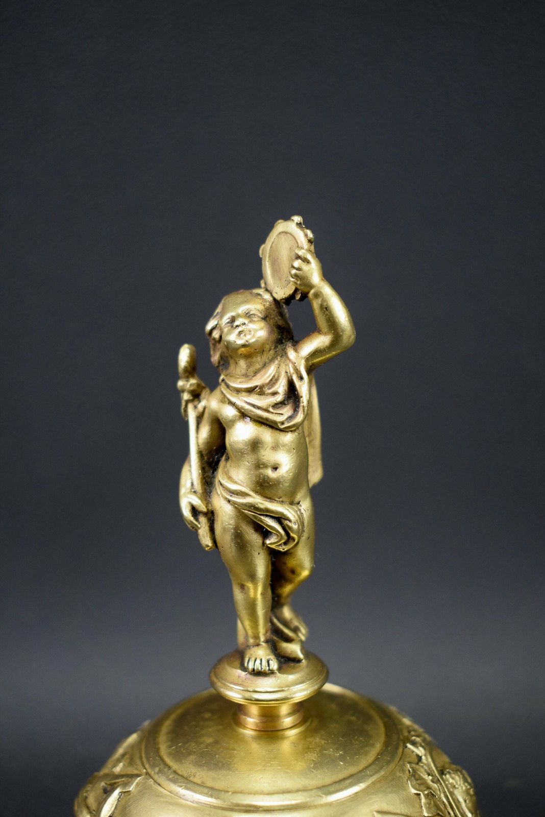 Vintage French Bronze Table Bell Cherubin Musician 19th photo furniture