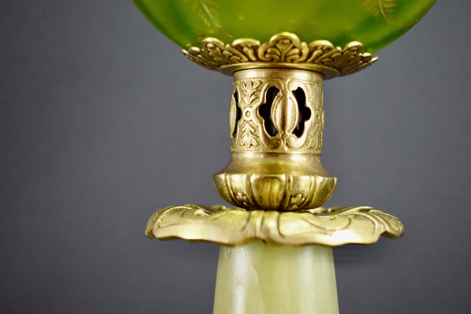 Art Nouveau French Green Glass And Onyx Table Kerosene Lamp Electrified photo Lighting