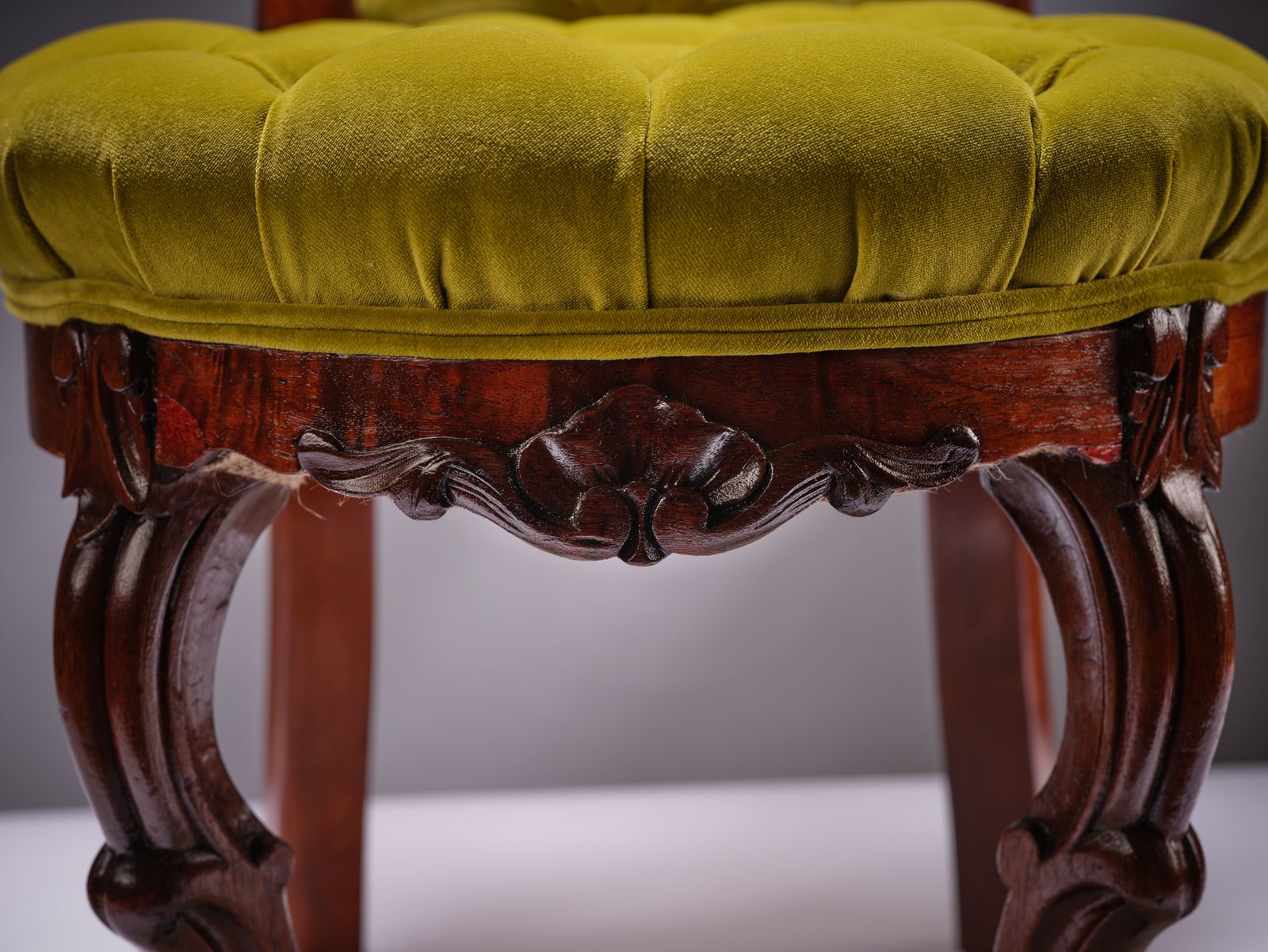 Furniture Stunning Ornately Hand Carved Walnut & Mahogany’pistachio Velvet Upholstered Ladies ‘Knicker’ Chair, England Circa 1900’s photo