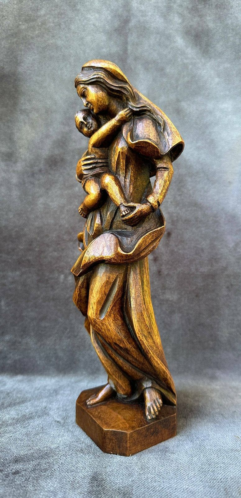 Vintage Spanish Religious Wood Madonna And Child Carved Sculpture By Ouro